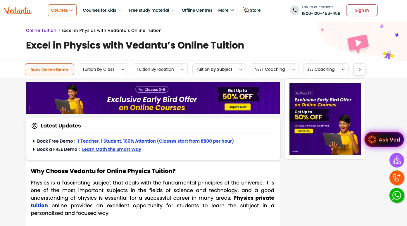 Vedantu online physics tuition webpage showing early bird offer for classes 3–9 and options for NEET and JEE coaching