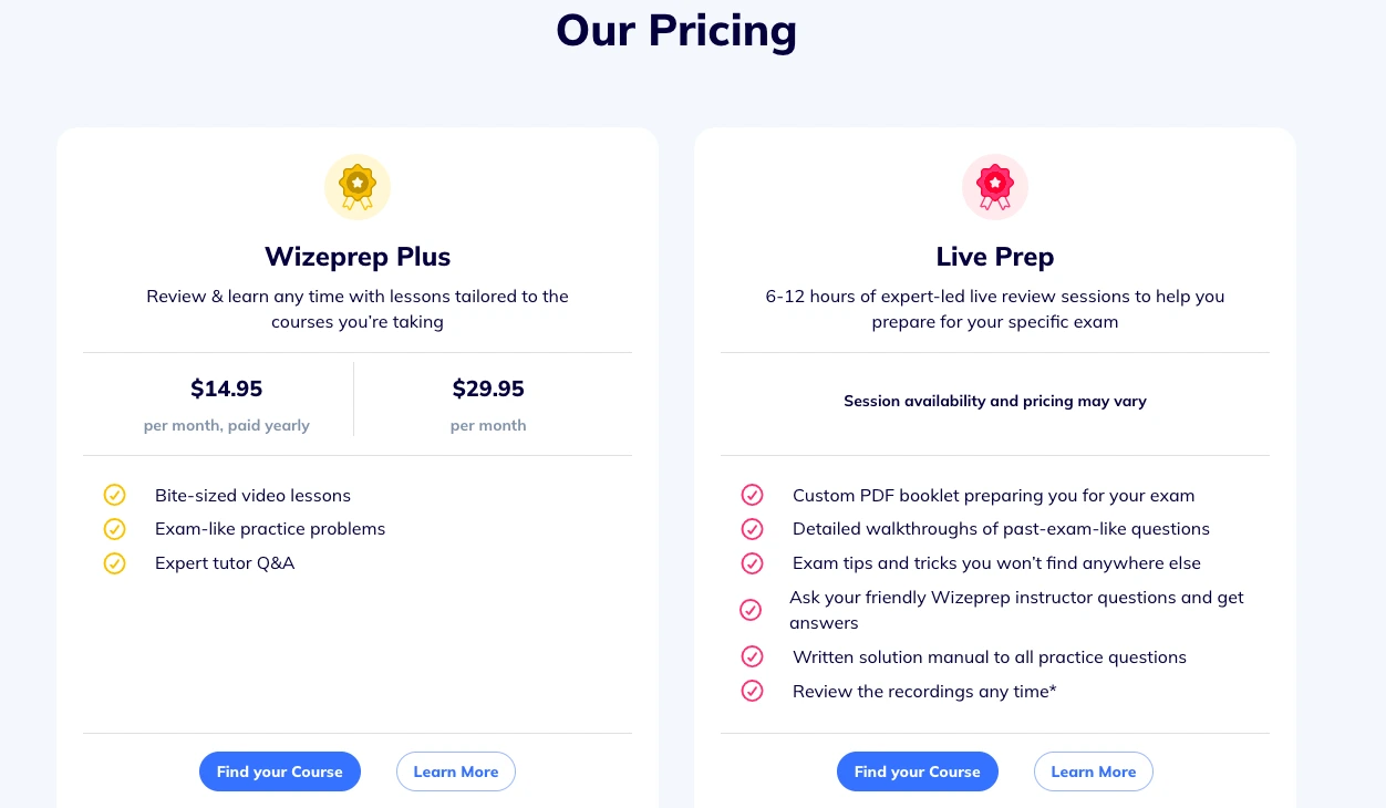 Wizeprep pricing plans comparison showing Wizeprep Plus subscription and Live Prep sessions with features and monthly costs
