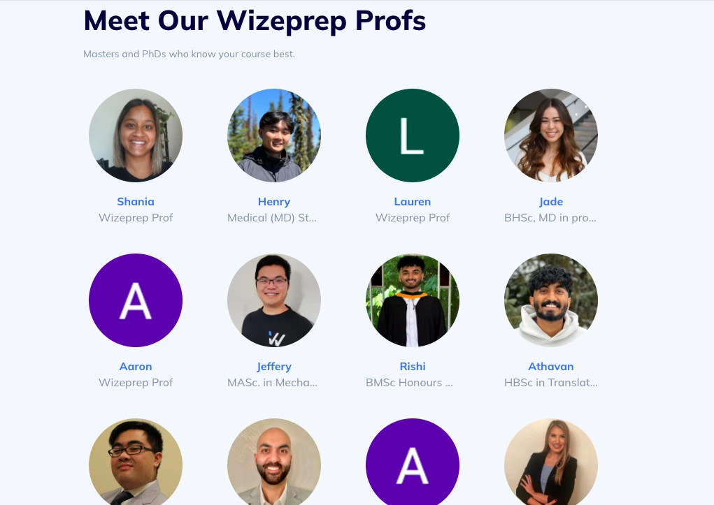 Wizeprep tutors team featuring professors and instructors with diverse academic backgrounds including masters and PhDs