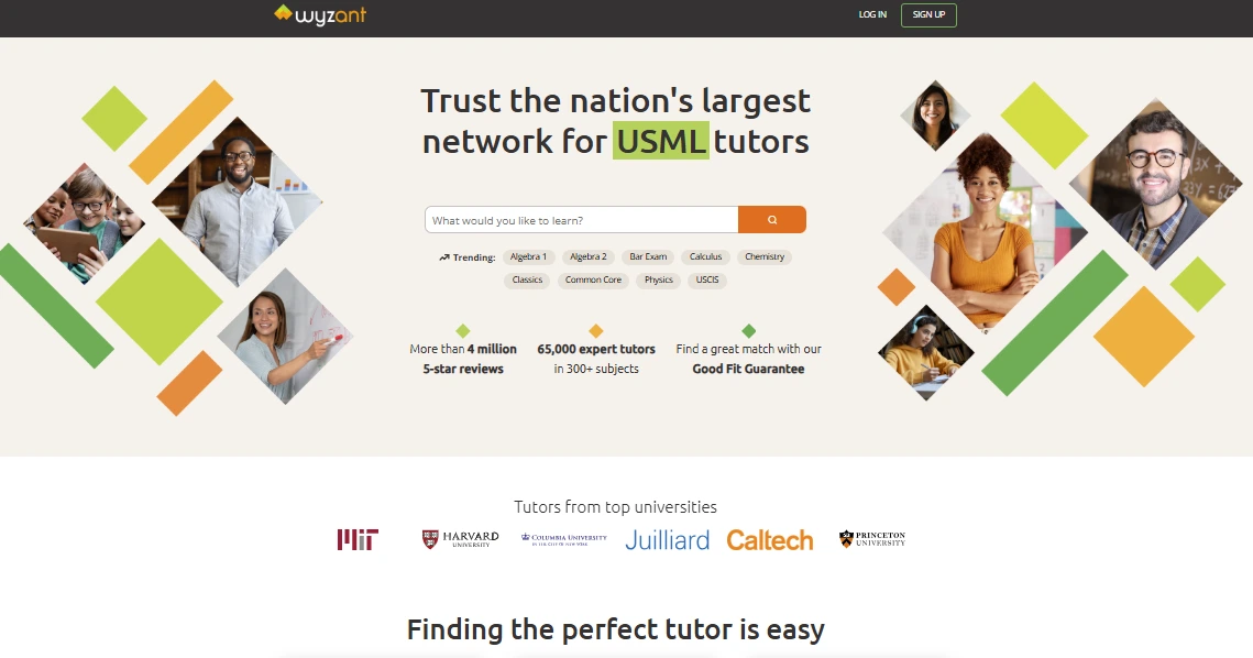 Wyzant homepage screenshot promoting “USML tutors” with a tutor search bar, claims of 4+ million 5-star reviews and 65,000 expert tutors, and logos of universities like MIT, Harvard, Columbia, Juilliard, Caltech, and Princeton.