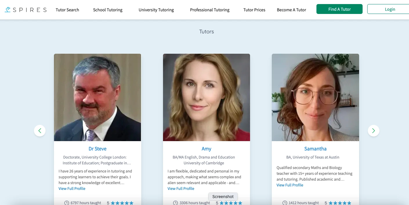 Spires online tutoring platform displaying tutor profiles including Dr Steve, Amy, and Samantha with qualifications, experience, and ratings.
