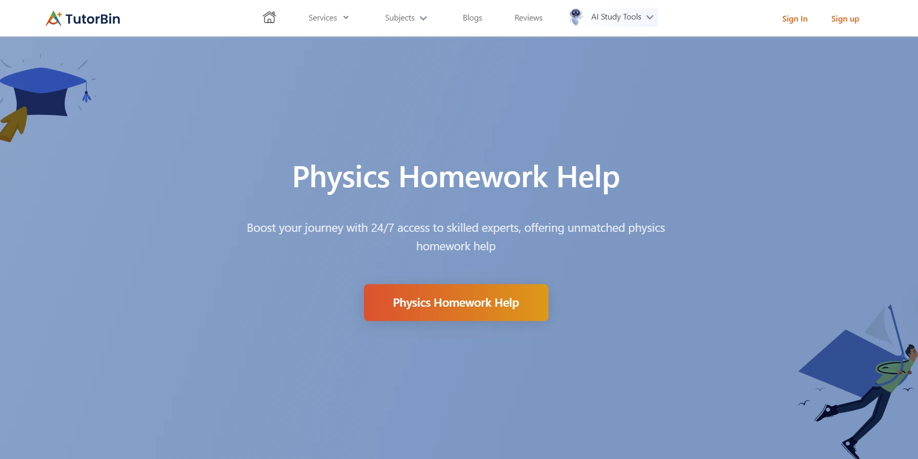 Screenshot of TutorBin “Physics Homework Help” page showing headline, 24/7 expert support tagline, and a call-to-action button for help.
