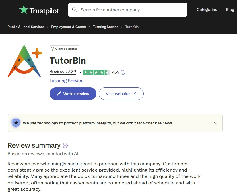 Screenshot of TutorBin Trustpilot page showing 4.4-star rating from 329 reviews, with review summary section and buttons to review or visit site