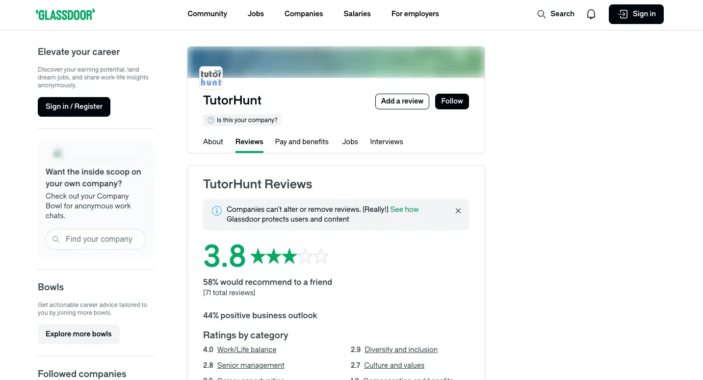 Glassdoor page showing TutorHunt company reviews with 3.8 star rating, employee feedback, and workplace insights