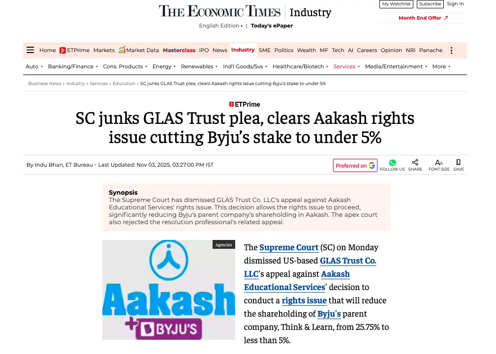 The Economic Times article about the Supreme Court clearing Aakash rights issue and reducing Byju’s stake below 5 percent.