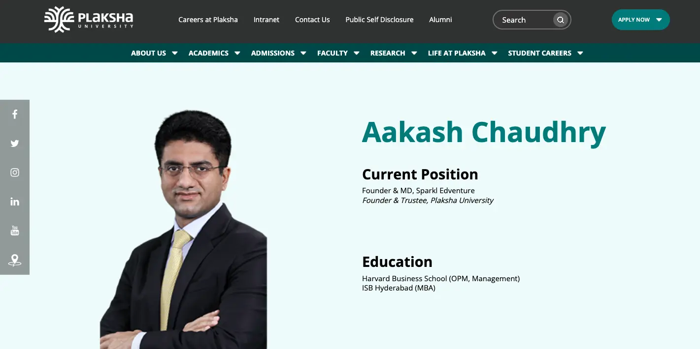 Plaksha University profile page featuring Aakash Chaudhry, founder and trustee, with his current position, educational background, and professional portrait.