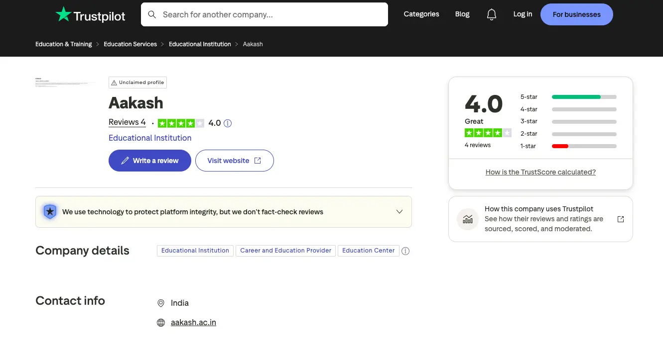 Trustpilot review page for Aakash educational institution showing a 4.0 rating, customer reviews, and company contact details.