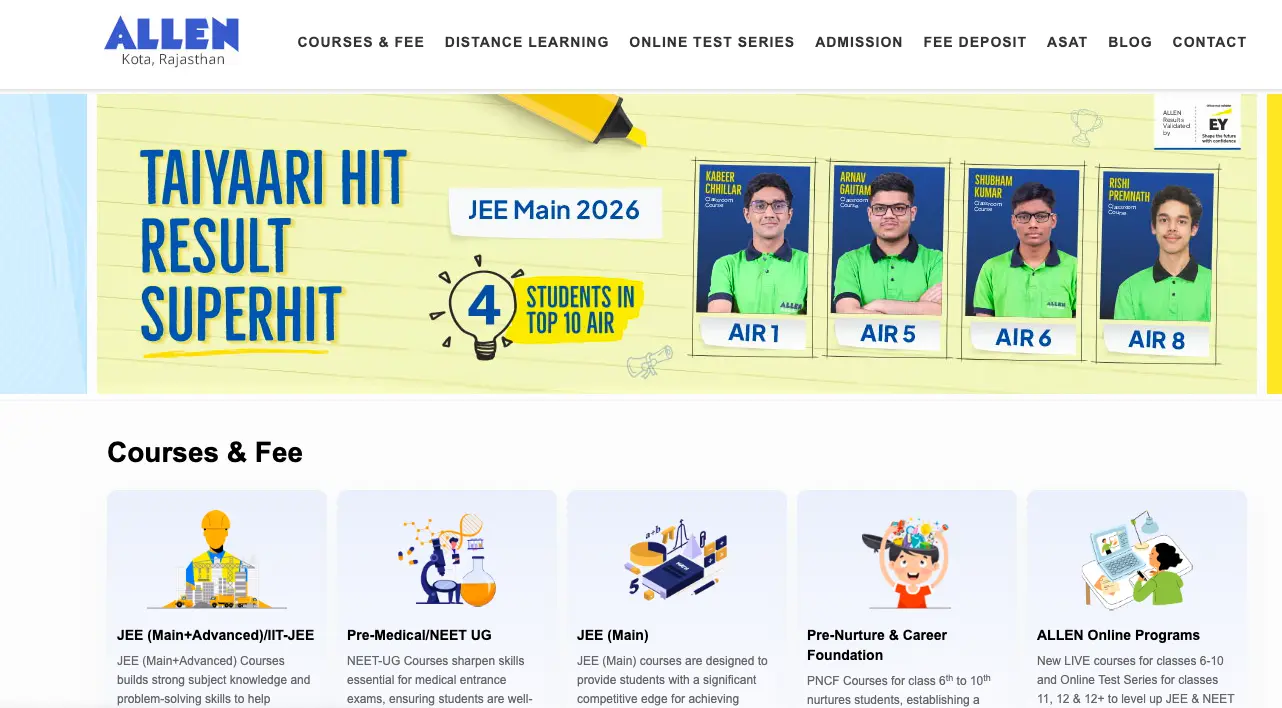 ALLEN Kota homepage banner showcasing JEE Main 2026 top AIR ranks, course categories, and online coaching programs for JEE and NEET aspirants.
