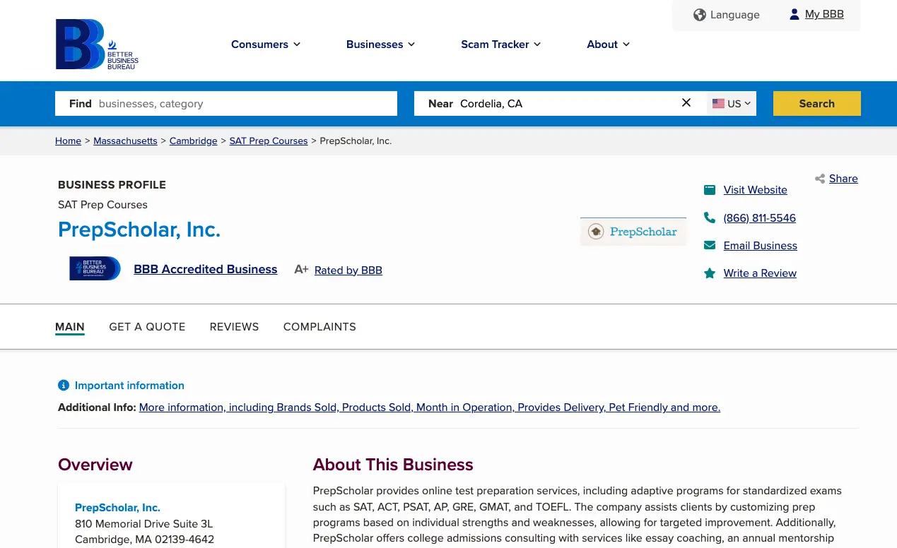Better Business Bureau profile page for PrepScholar Inc showing A+ rating, accreditation status, and SAT prep services overview