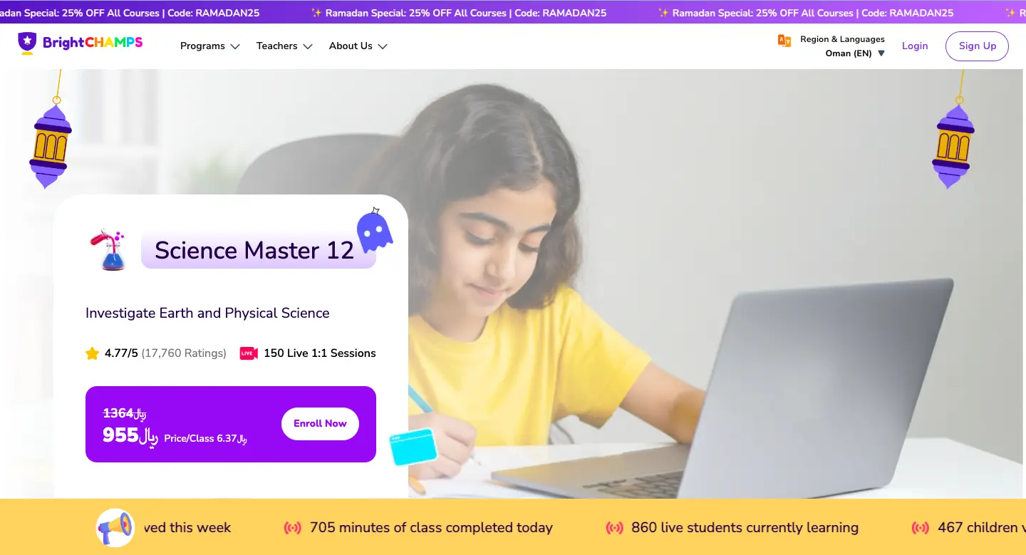 Child attending an online science class on laptop with BrightCHAMPS Science Master 12 course promotion banner and pricing details