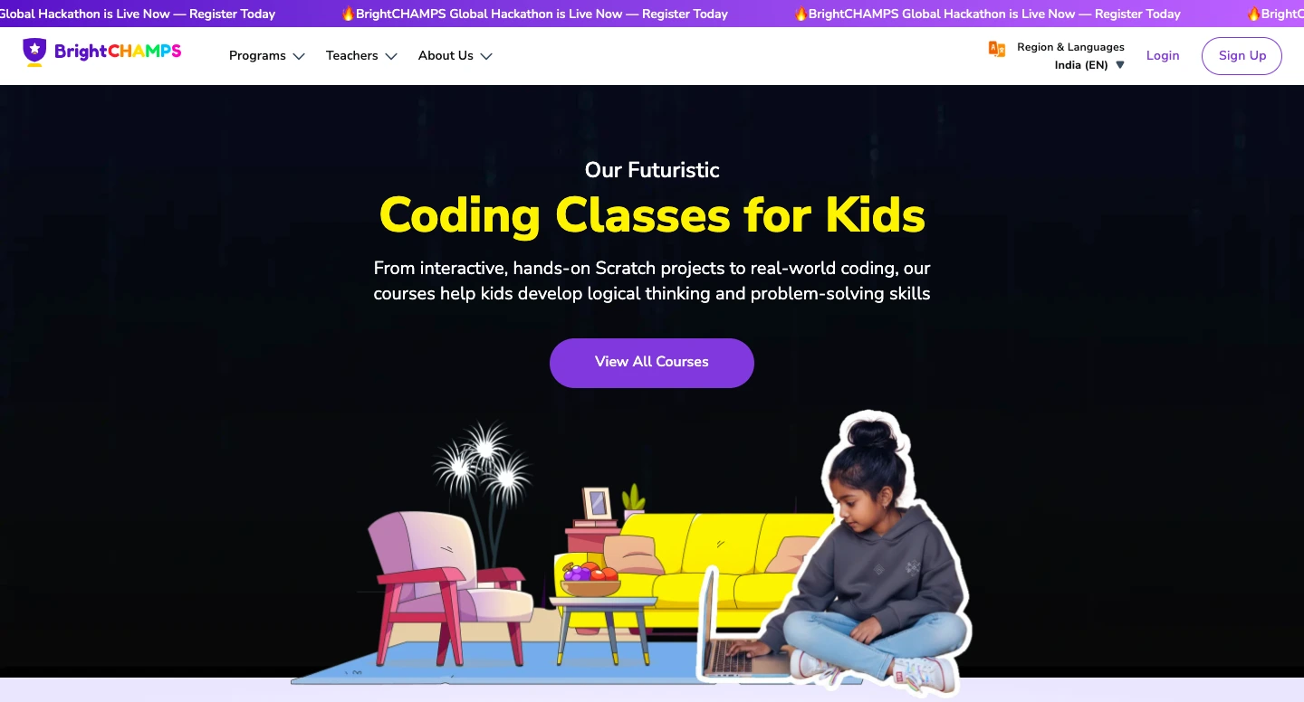 Young girl using a laptop at home promoting BrightCHAMPS coding classes for kids, featuring Scratch projects, real-world programming, and problem-solving skill development.