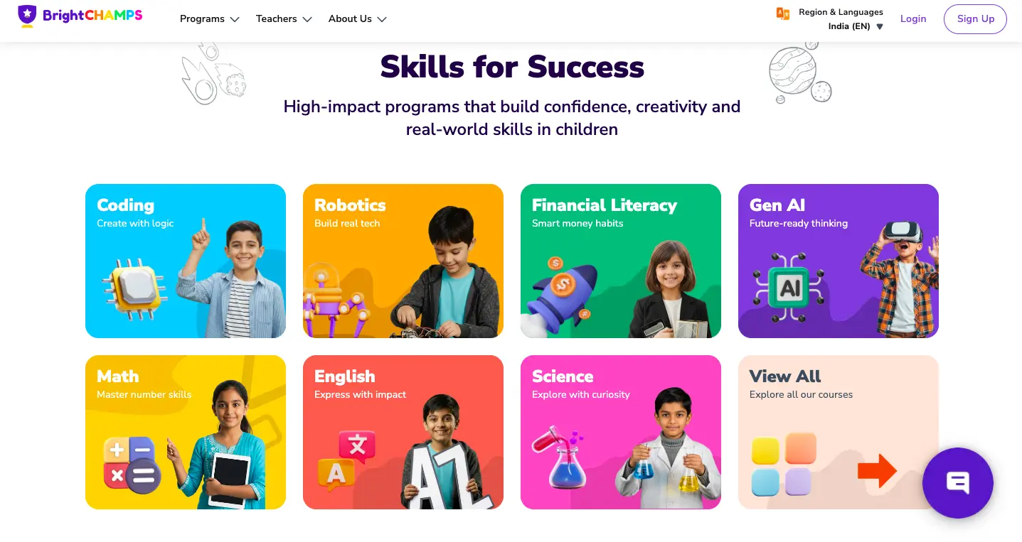 BrightCHAMPS skills programs for kids showing coding, robotics, financial literacy, Gen AI, math, English, and science courses with children learning