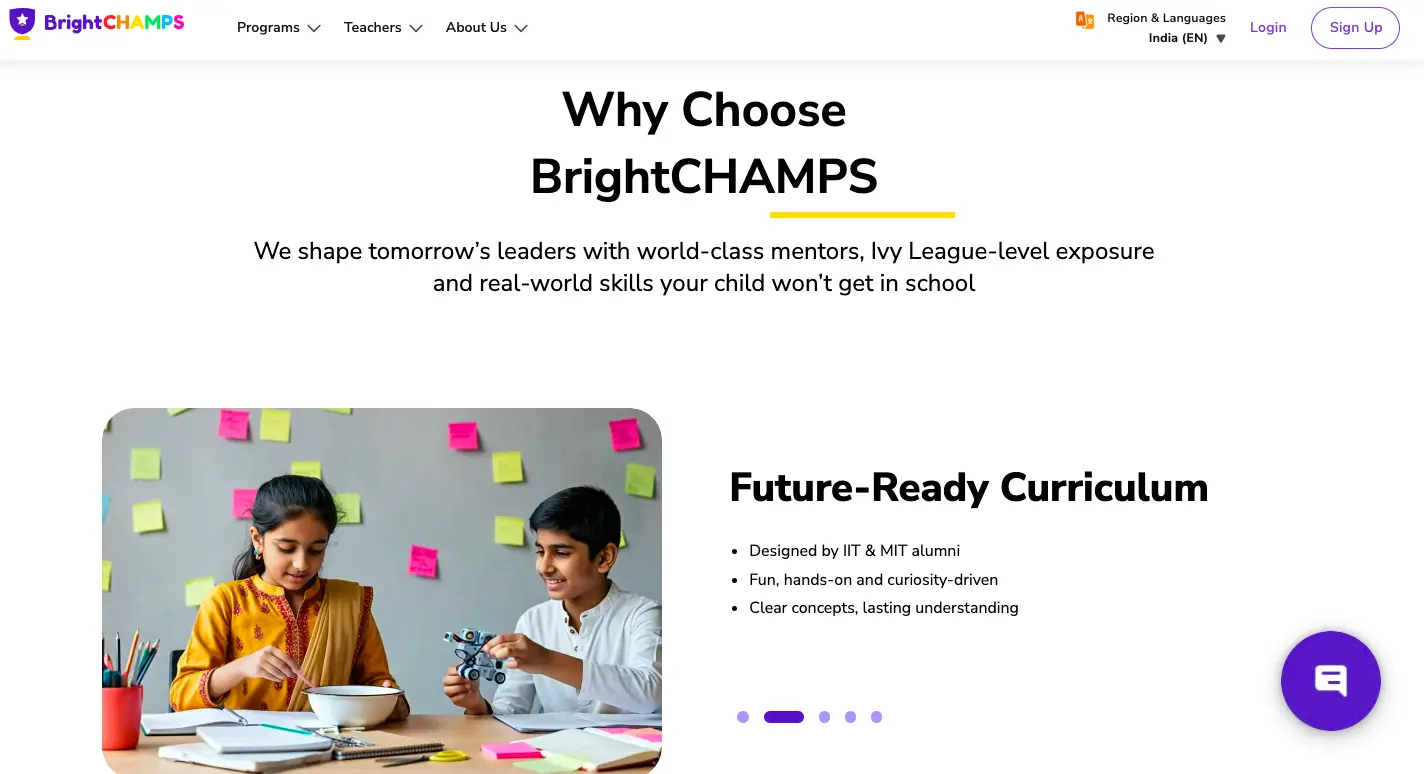 BrightCHAMPS why choose section showing kids learning robotics with future-ready curriculum and hands-on activities