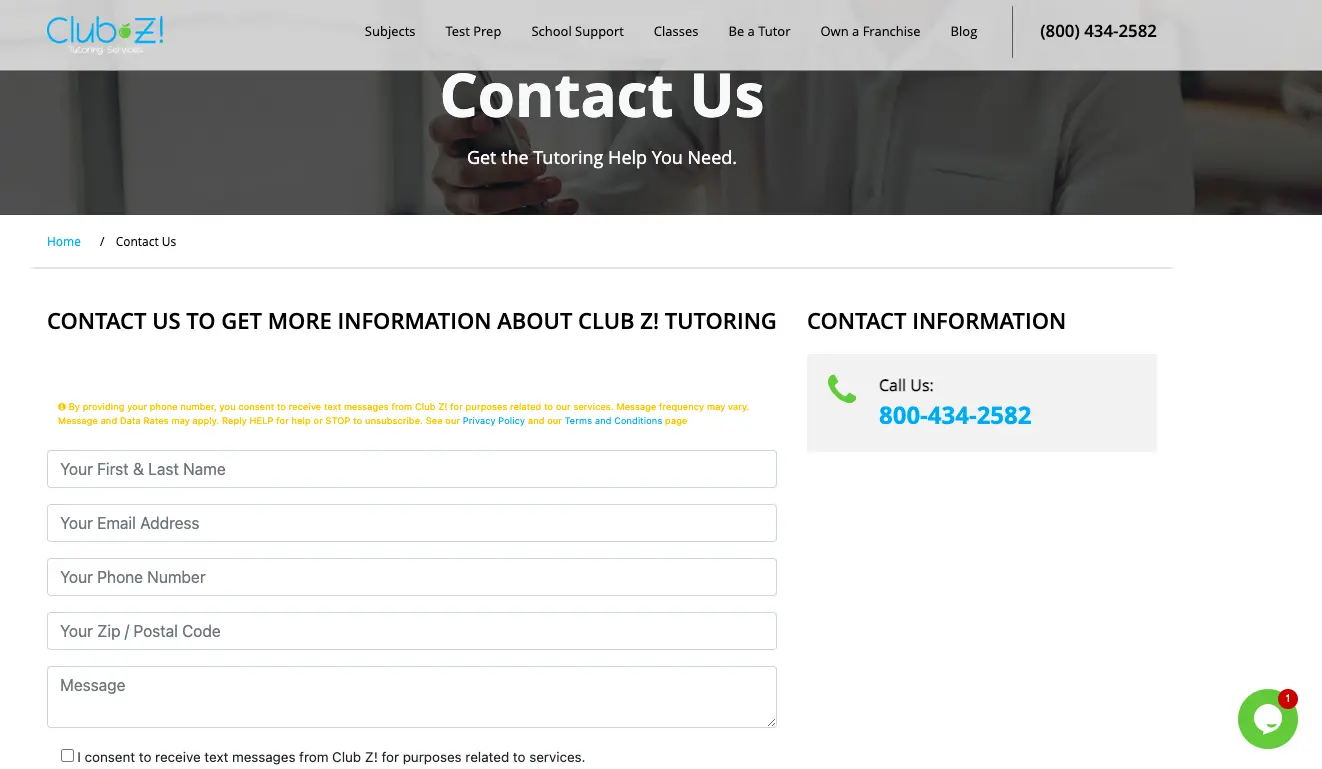 Club Z Tutoring Services contact us page showing inquiry form fields, phone number, and contact information for tutoring support.