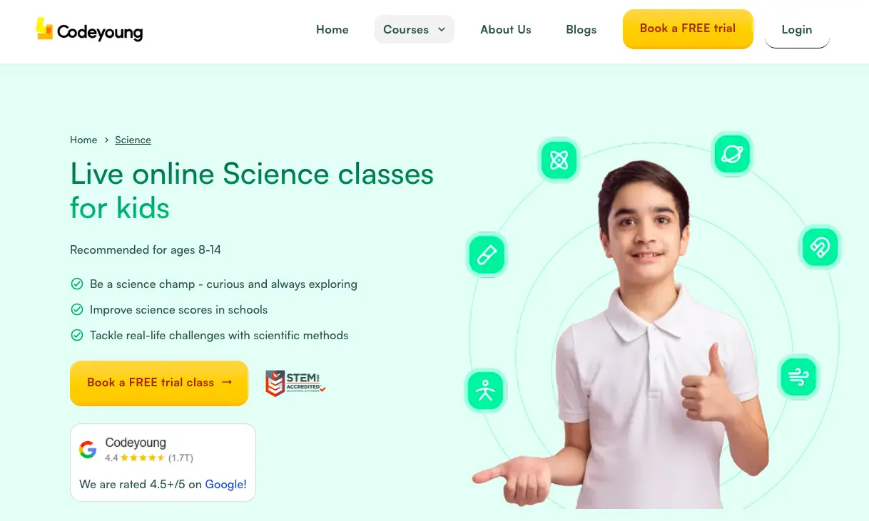 Codeyoung science course page showing a child giving a thumbs-up beside information about live online science classes for kids ages 8 to 14.