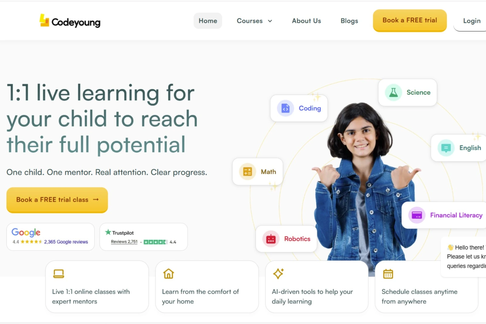 Codeyoung homepage banner showing a smiling child with subject icons for coding, science, math, robotics, English, and financial literacy promoting 1:1 live online learning for children.
