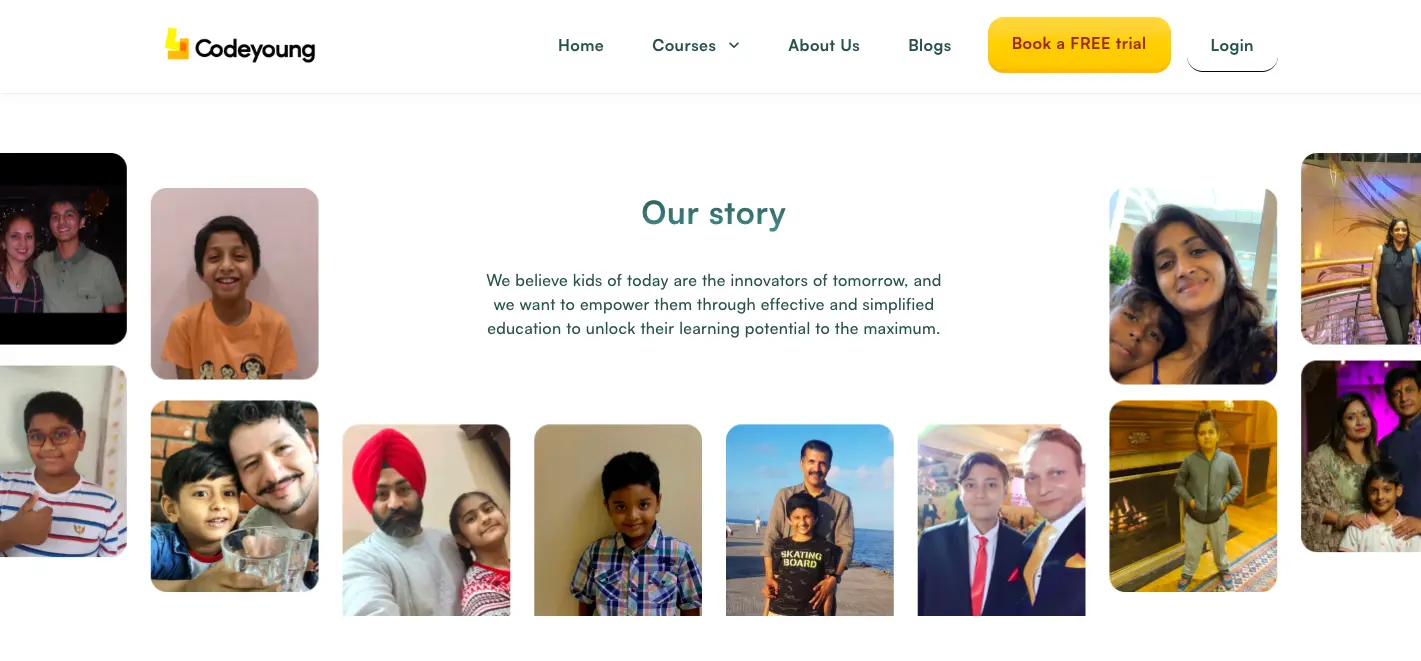 Codeyoung “Our Story” webpage section featuring family and student photos alongside the company mission to empower children through simplified education.