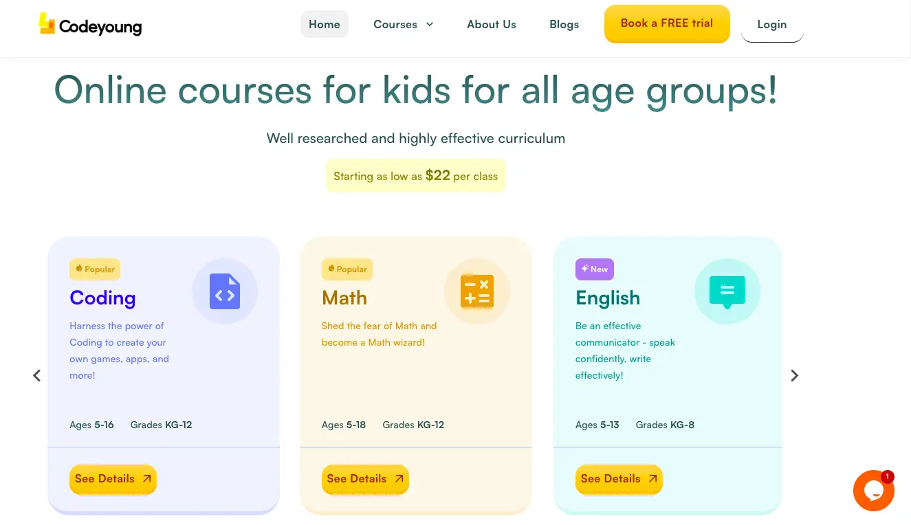 Codeyoung courses page displaying online classes for kids in coding, math, and English with age groups and pricing starting at $22 per class.