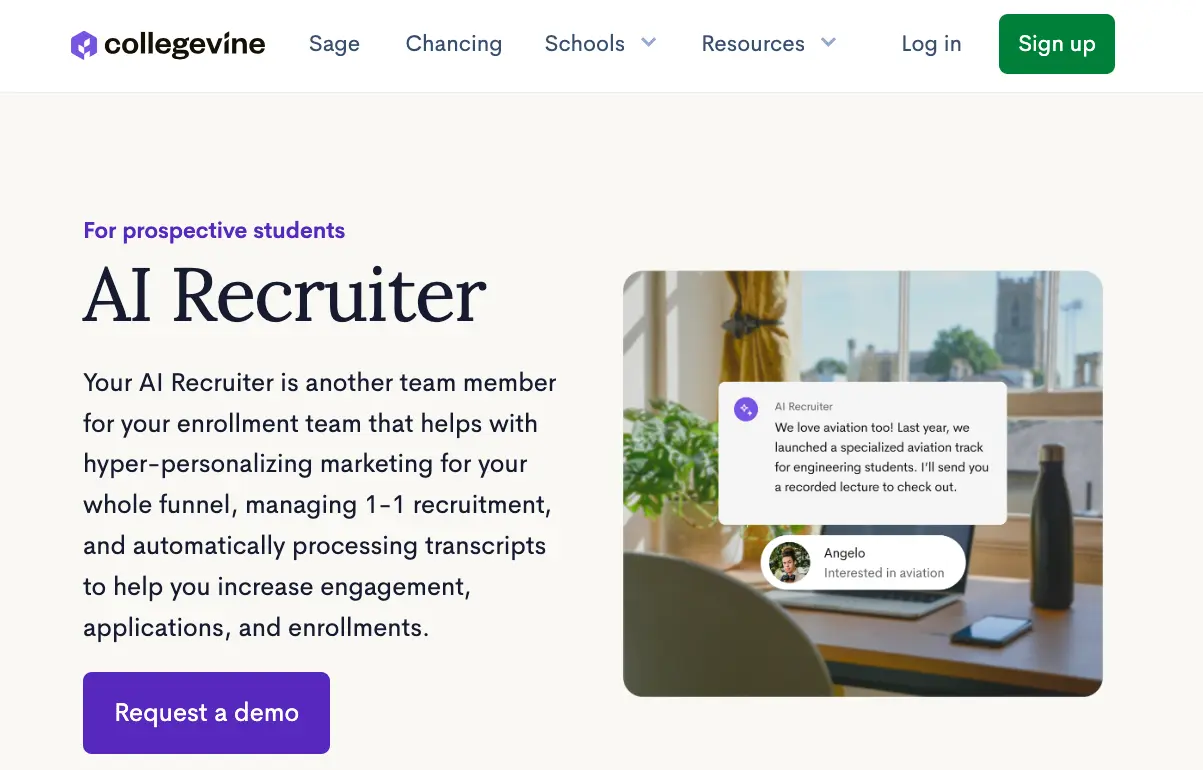 “CollegeVine AI Recruiter interface showing personalized student outreach message and enrollment marketing automation”