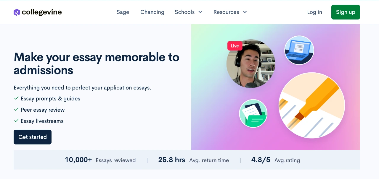 “CollegeVine homepage showing ‘Make your college journey easier’ with a student profile and live session interface”