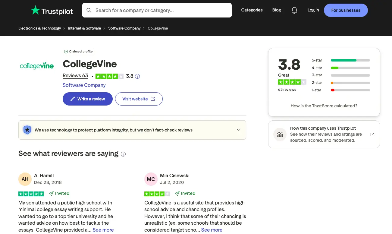“CollegeVine Trustpilot reviews page showing 3.8 rating, customer feedback, and review distribution”