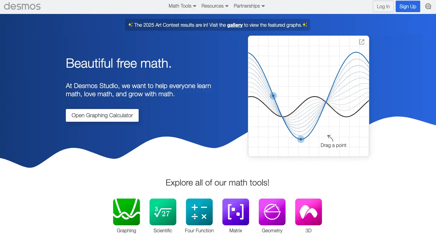 Desmos homepage featuring free math tools, graphing calculator interface, and interactive graph visualization.