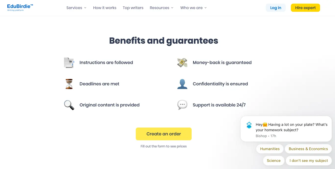 EduBirdie benefits page highlighting guaranteed deadlines, originality, confidentiality, 24/7 support, and money-back assurance.