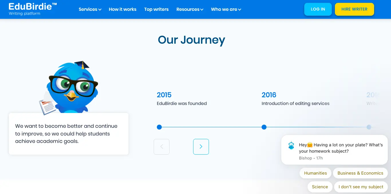 EduBirdie company journey timeline showing milestones from 2015 onward, including founding and service expansion.