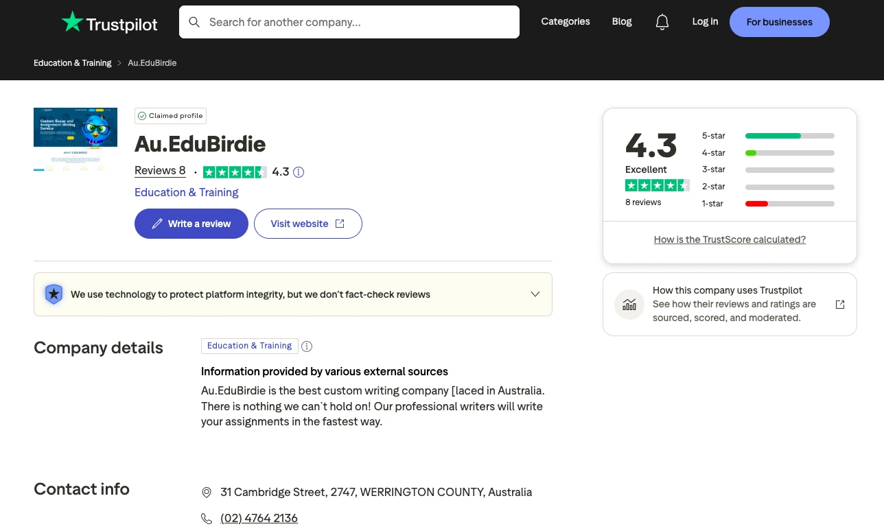 Trustpilot review page for Au.EduBirdie showing 4.3 rating score, customer reviews, and company details in the education and training category.