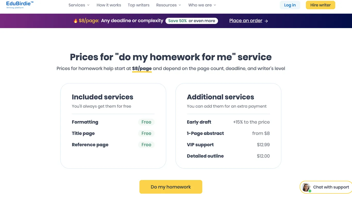 EduBirdie pricing page showing homework help starting at $8 per page with included and additional services listed.