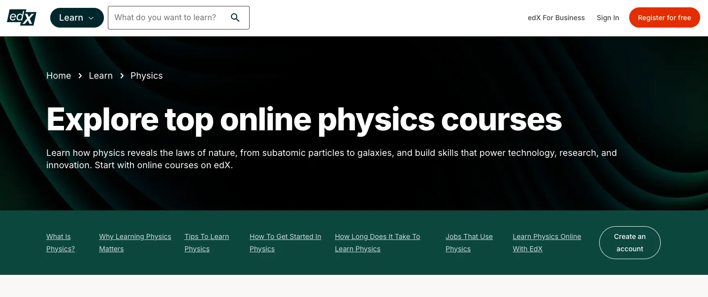 edX homepage banner promoting top online physics courses, highlighting learning topics, career paths, and account signup options.