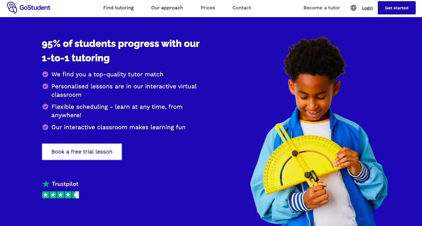 Student holding a protractor promoting 1-to-1 online tutoring with free trial lesson and personalized learning benefits