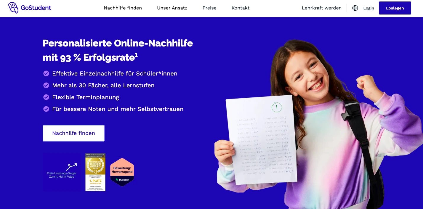 GoStudent online tutoring homepage showing personalized learning with 93% success rate and student holding a test paper