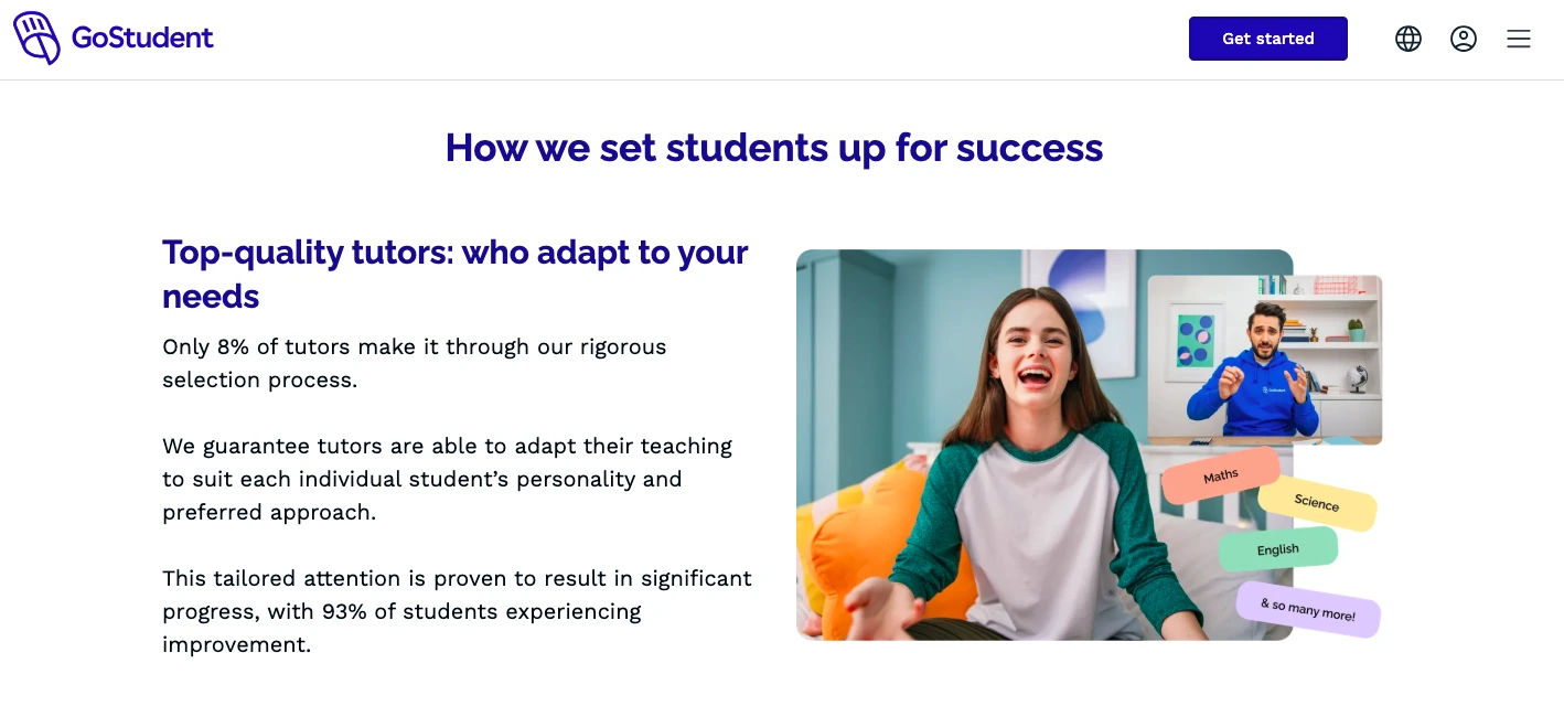 Student interacting with an online tutor during a virtual lesson highlighting personalized tutoring and subject options like maths, science, and English