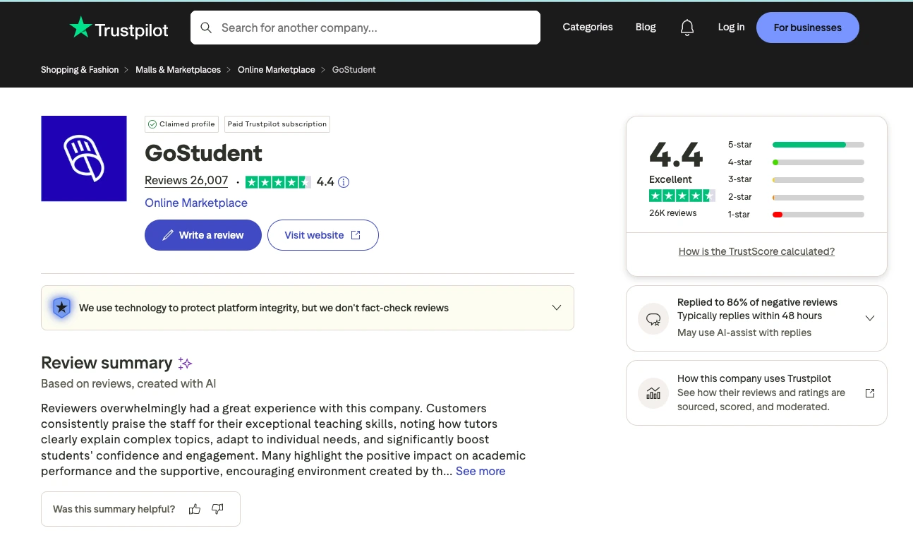 Trustpilot review page for GoStudent showing 4.4 star rating, 26,000+ reviews, and customer feedback summary