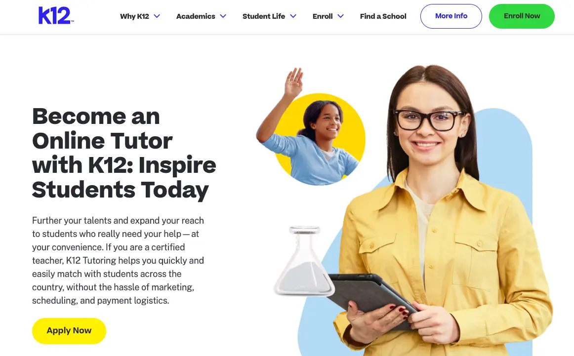 K12 online tutoring recruitment banner showing female tutor holding tablet and student raising hand, promoting teaching opportunities