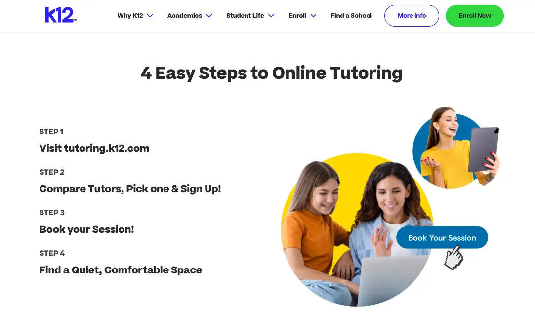 K12 online tutoring steps showing how to visit website, compare tutors, book a session, and start learning from home