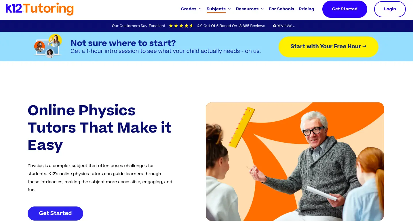 K12 Tutoring physics tutoring webpage featuring online physics tutors, free introductory session offer, and personalized tutoring support for students.