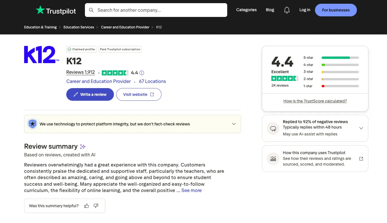 Trustpilot page showing K12 reviews with 4.4 star rating, 1,900+ reviews, and positive feedback summary about online learning and teachers