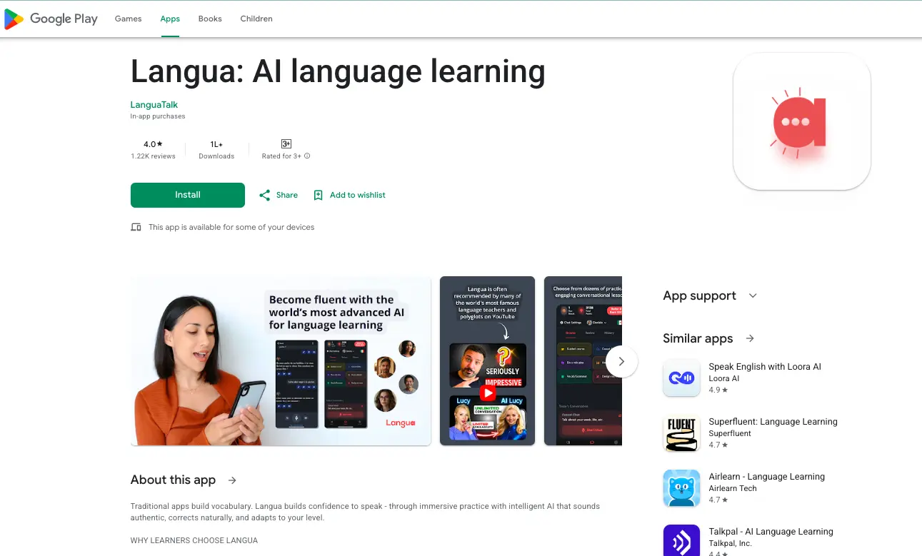 Langua: AI language learning Google Play app listing showing ratings, install option, screenshots, and AI-powered language learning features.