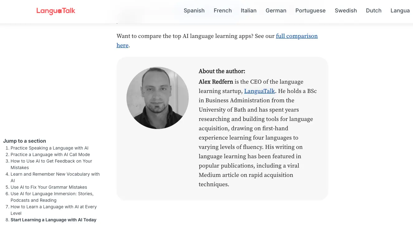 Screenshot of LanguaTalk article author section featuring founder Alex Redfern with biography and expertise in AI language learning and language acquisition.