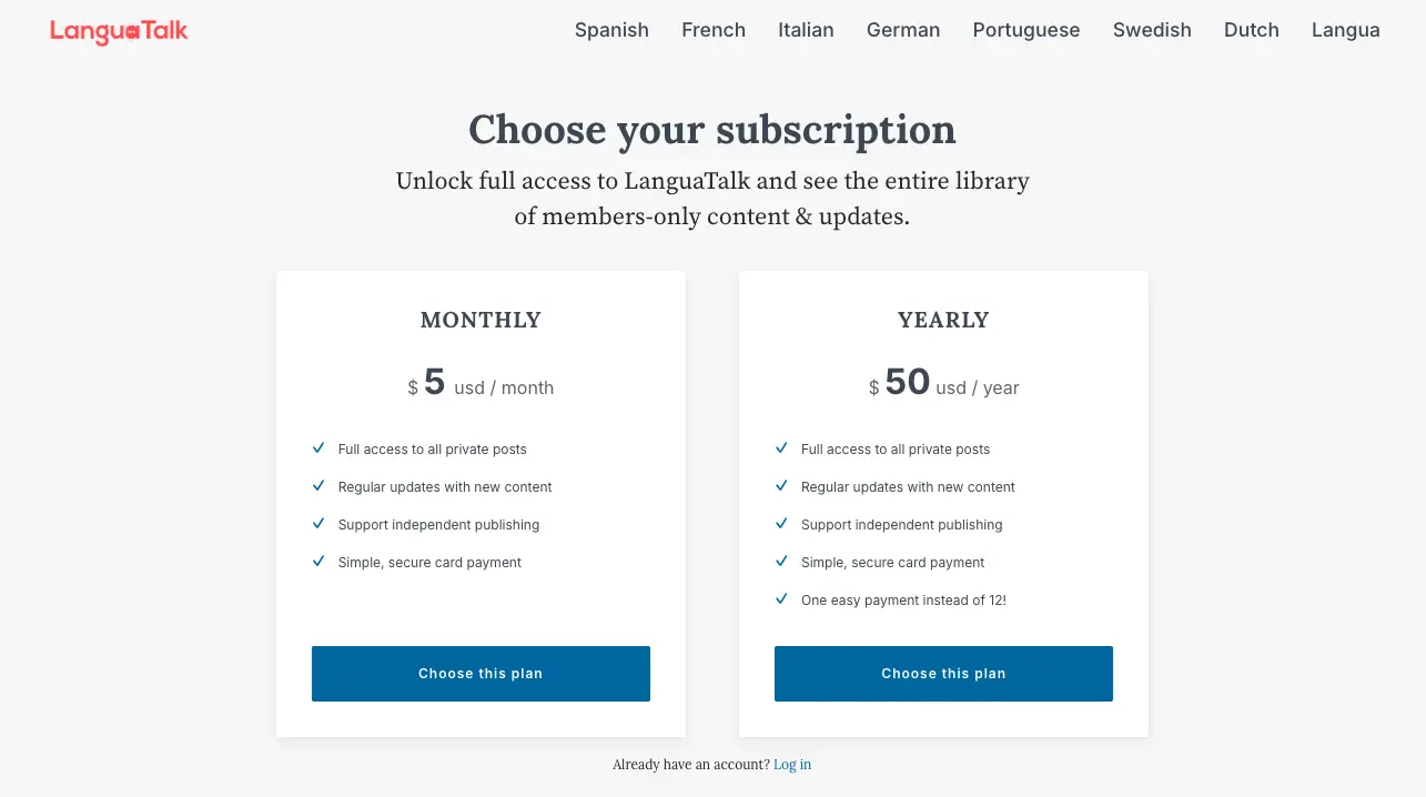 Screenshot of LanguaTalk subscription pricing page showing monthly and yearly membership plans with access to private language learning content and updates.