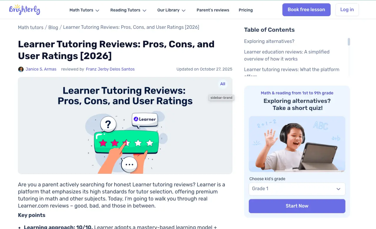Brighterly website page showing Learner tutoring reviews article with pros, cons, and user ratings for Learner.com in 2026.