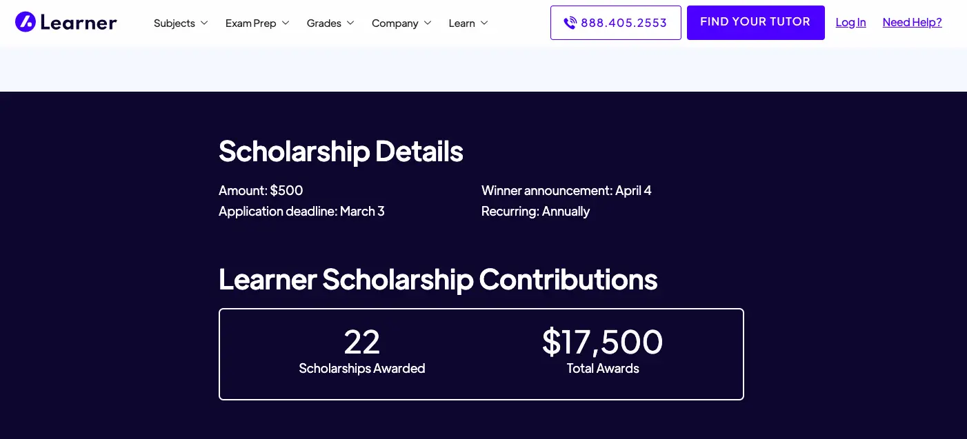 Learner scholarship details page showing $500 award amount, March 3 application deadline, April 4 winner announcement, and total $17,500 awarded across 22 scholarships