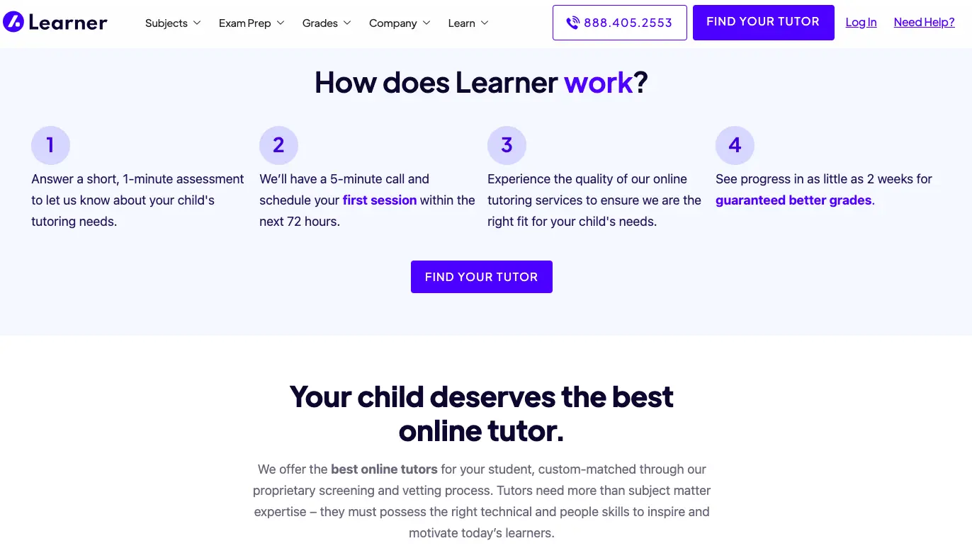 Learner tutoring website section explaining how Learner works with four steps including assessment, scheduling, tutoring session, and progress tracking.