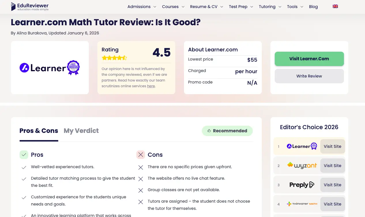EduReviewer webpage showing Learner.com math tutor review with 4.5 rating, pricing details, and pros and cons comparison.