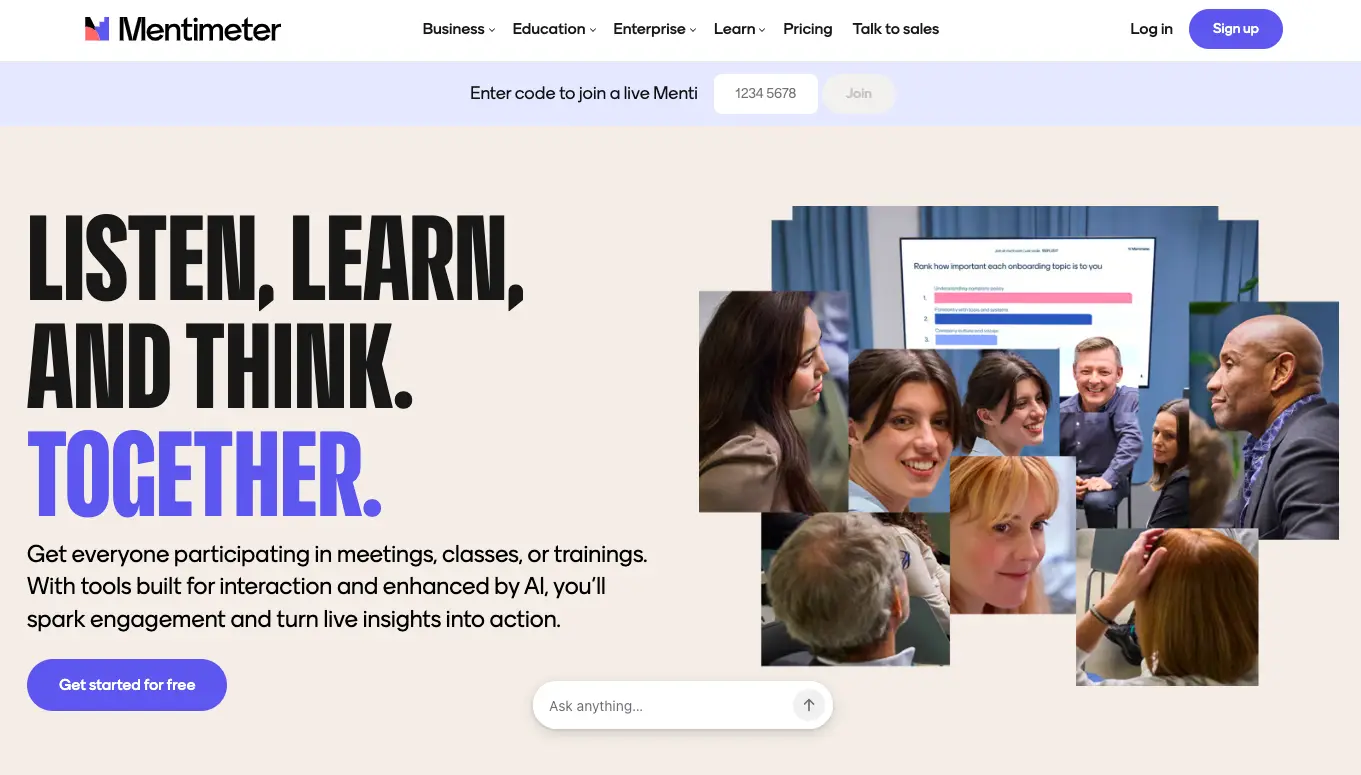 Mentimeter homepage showing “Listen, Learn, and Think Together” headline with collaborative meeting visuals and audience engagement dashboard