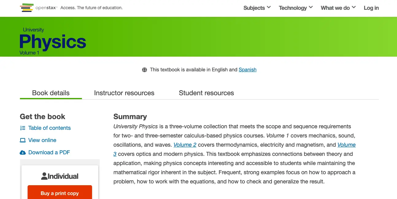 OpenStax University Physics Volume 1 textbook page featuring book details, online access options, downloadable PDF resources, and physics course materials for students.