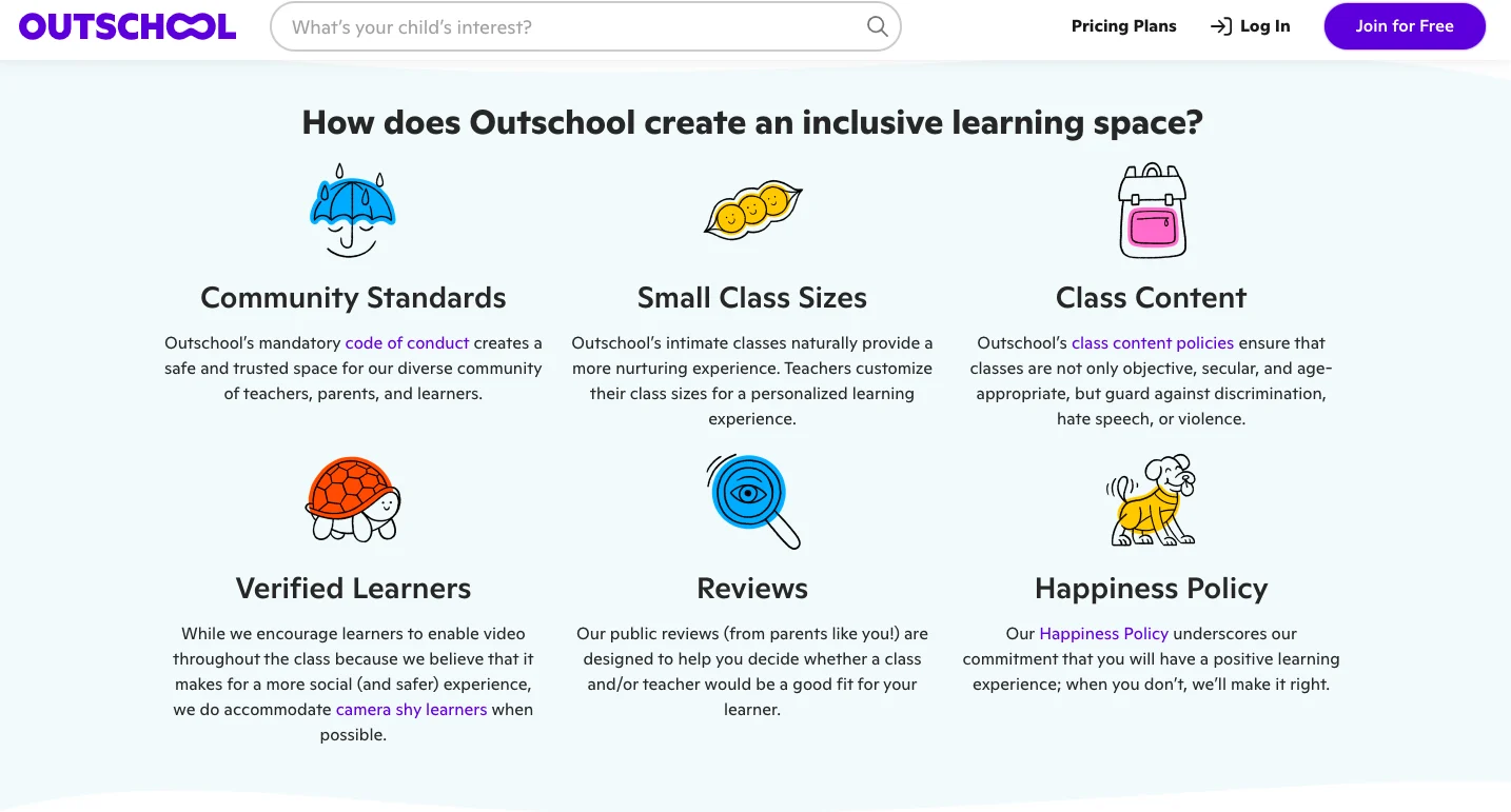 Outschool inclusive learning space features showing community standards, small class sizes, verified learners, reviews, and happiness policy