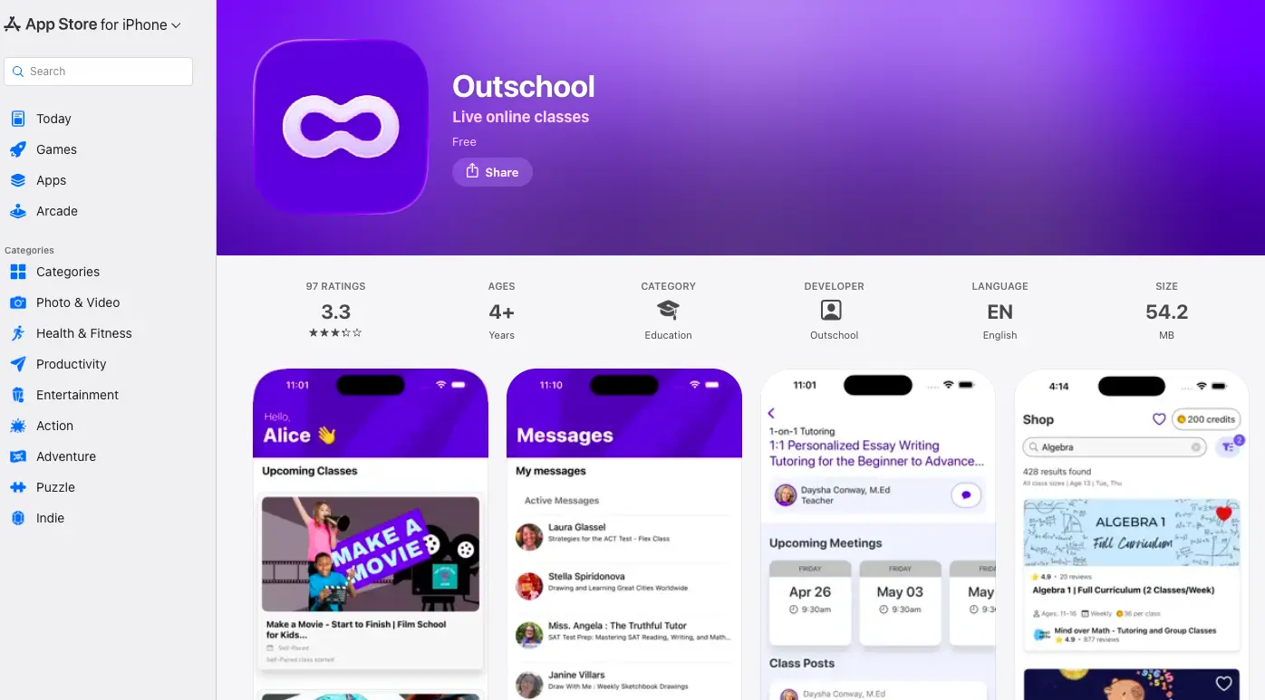 Outschool app listing on Apple App Store showing live online classes platform with ratings, app preview screens, and education category details